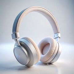 A pair of sleek, silver overear headphones with soft beige earcups, isolated on white background