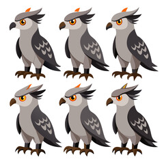 Six Cartoon Harpies in Varying Shades and Colors Displayed on a White Background Featuring Grey Black and Brown Plumage with Orange and Yellow Crests and