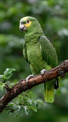 Obraz premium A colorful Amazon parrot rests on a branch, surrounded by lush greenery that accentuates its vibrant feathers
