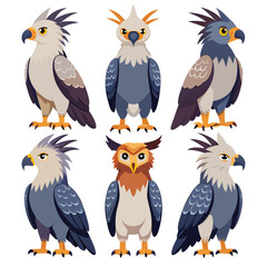 Collection of Cartoon Bird Illustrations A Diverse Group of Stylized Eagles and an Owl Standing Tall on a White Background Perfect for Children s Books