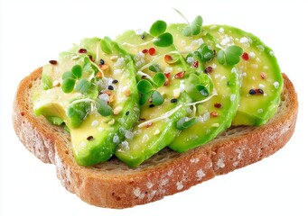 A transparent background showcases sliced avocado on multigrain bread, garnished with sesame seeds and microgreens