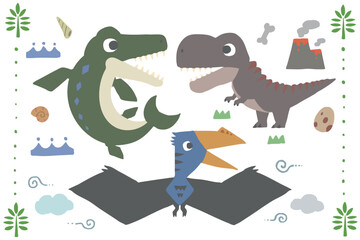 This set includes illustrations of cute dinosaurs. The set includes Tyrannosaurus, Mosasaurus, and Quetzalcoatlus.