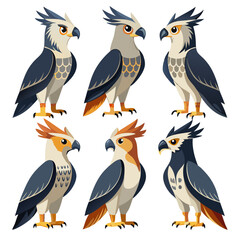 Six Stylized Harpy Eagle Illustrations with Varied Color Palettes Featuring Bold Outlines and Geometric Shapes on a White Background Ideal for Educational or Decorative Purposes