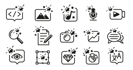 AI Assistant Tool Icon Set. These icons represent tasks such as coding, editing, media creation, and more with the help of artificial intelligence, highlighting technology and innovation.