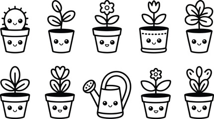 Cute Cartoon Plants in Pots Black and White Line Art