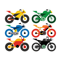 A vibrant collection of six stylized motorcycles each rendered in a unique color palette showcasing a playful and modern design aesthetic on a clean white