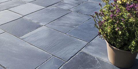 Refined bluestone patio with potted flowers in sunlight Generative AI