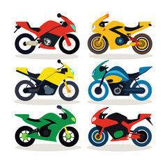 Collection of Colorful Cartoon Motorcycles Red Yellow Green and Blue Motorbikes in a Variety of Styles and Designs Isolated on a White Background Perfect for