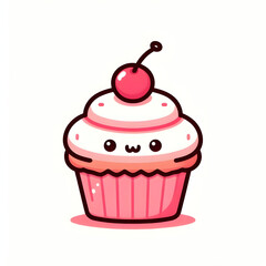 cartoon cupcake with pink frosting and cherry on top, minimal and cute style, white background

