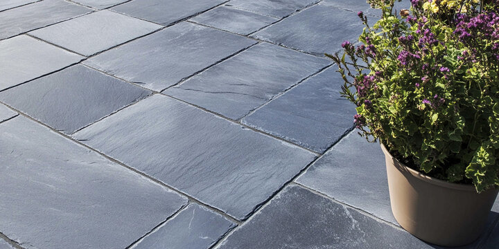 Refined bluestone patio with potted flowers in sunlight Generative AI