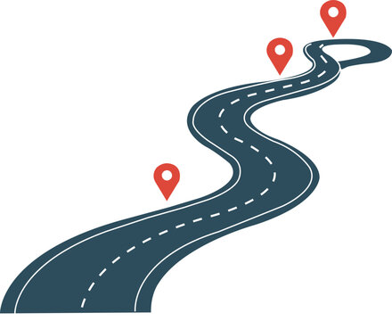 Winding road infographic with red location markers, curved highway route with destination pins, navigation path design, travel and journey concept, vector illustration, map direction symbol