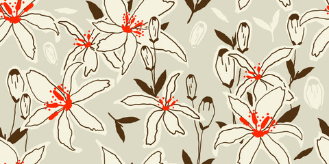 Exotic hand drawn flowers, seamless patterns with floral for fabric, textiles, clothing, wrapping paper, cover, banner, home decor, abstract backgrounds.