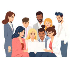 Obraz premium A group of eight executives are collaborating on a laptop. The setting is modern, with clean lines and natural light.