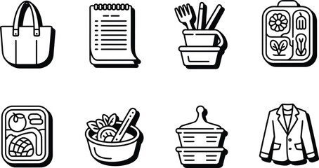 Black and White Line Art Icons Tote Bag Food Containers Utensils Clothing