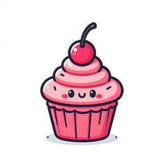 cartoon cupcake with pink frosting and cherry on top, minimal and cute style, white background

