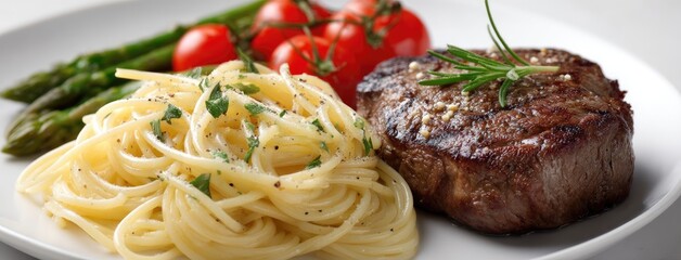 Juicy steak alongside flavorful spaghetti and colorful vegetables offers a delightful culinary experience on a clean, white background