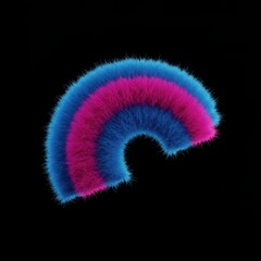 A fluffy abstract rainbow shape with vibrant blue and pink stripes against a stark black background