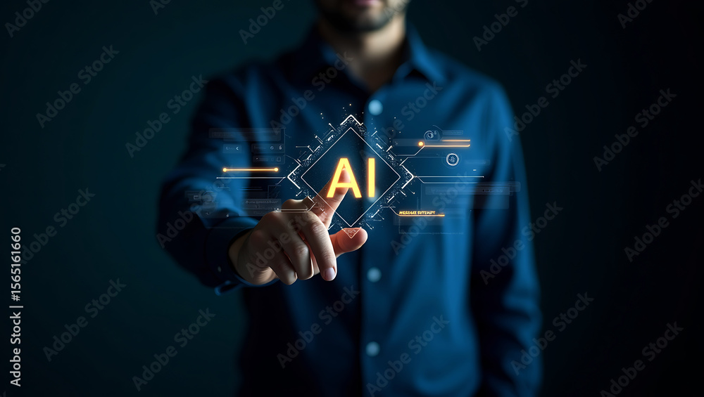 Poster man s finger touches a glowing ai interface with digital data and futuristic elements on a dark back