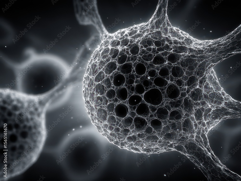 Poster detailed view of dense metal grain structure showcasing internal voids in scientific visualization s