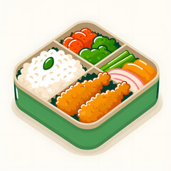 flat cartoon bento box with rice, karaage, and vegetables, white background

