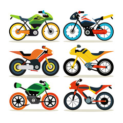 Obraz premium Collection of Six Colorful Cartoon Motorbikes A Variety of Styles and Colors Including Green Orange Yellow Red and Blue all on a White Background Perfect