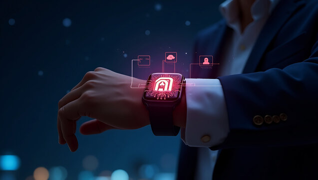 Close up of a businessman wearing a smartwatch displaying a glowing circuit board with interconnected digital icons representing technology and data - Powered by Adobe