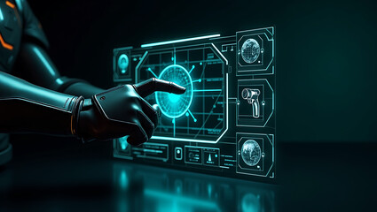 Futuristic robot hand interacting with a glowing blue holographic interface displaying global data and technology icons