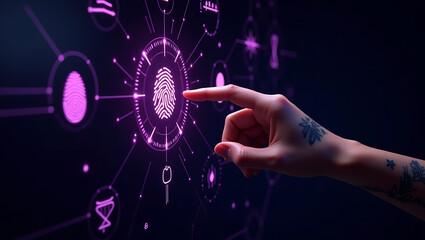 Human finger touches a glowing purple digital fingerprint scanner on a futuristic interface with abstract scientific symbols