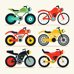 Fototapeta premium Stylized Motorcycle Collection A vibrant array of six uniquely designed motorcycles in various colors presented in a playful retro inspired flat vector illustration against a