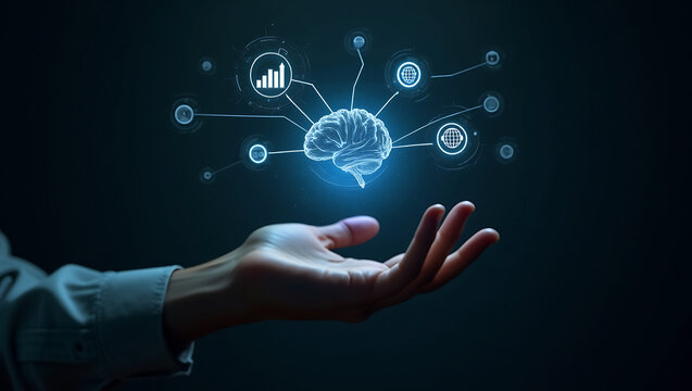 Human hand presenting a glowing digital brain connected to global network and data analysis symbols - Powered by Adobe