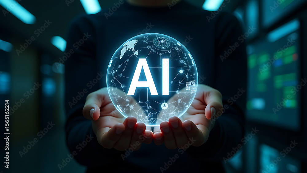 Poster person holding a glowing digital sphere with the letters ai and a world map representing artificial 