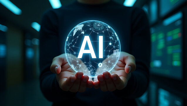 Person holding a glowing digital sphere with the letters ai and a world map representing artificial intelligence and global connectivity