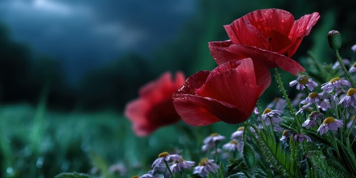 Bright red poppies bloom amidst delicate daisies in a lush green field under an overcast sky