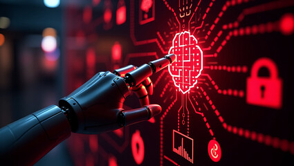 Robotic hand interacting with a glowing red digital interface displaying a brain lock and data visualization