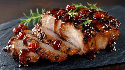 In a premium restaurant, sliced duck breast is presented on black slate, expertly prepared with a medium-rare center and golden crispy skin, and finished with a glossy sauce and a delicate microgreen
