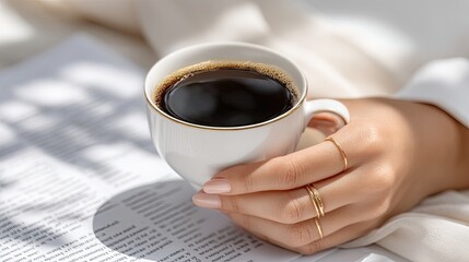 Close up of an elegant hand holding a coffee cup, with rings and a book present, highlighted by soft morning light and neutral hues