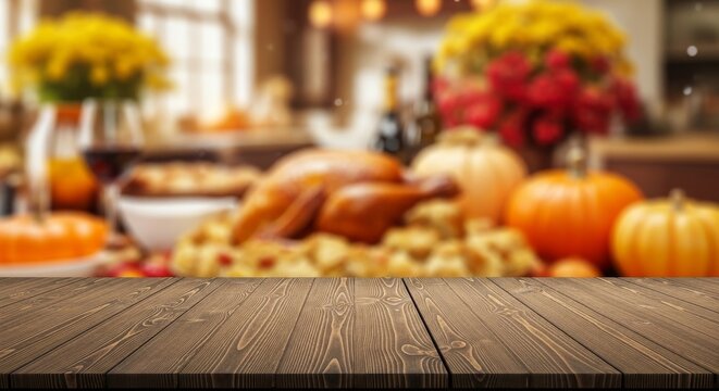 Thanksgiving Feast Tabletop - Blurred background of a Thanksgiving dinner table with a roasted turkey, pumpkins, and other autumnal foods.