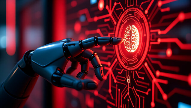 Robotic hand interacting with a glowing red digital interface displaying a brain and security lock symbol on a circuit board pattern - Powered by Adobe