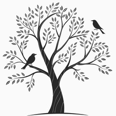 Stylized black silhouette of a tree with two birds perched on its branches
