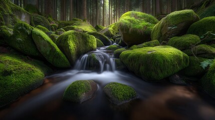 The gentle flow of the morning forest stream through its rocky bed, under the warm sunlight, invites feelings of serenity and connection to nature