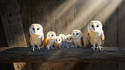 Group of barn owls perching on a wooden beam, sunlit background - Powered by Adobe