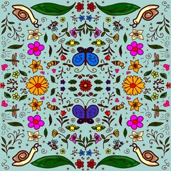  Whimsical Nature Doodle Pattern with Butterflies and Flowers