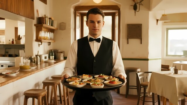 Restaurant Waiter Serving Dishes, Catering Service & Hospitality Element - Powered by Adobe