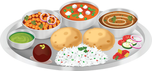 Indian Traditional Veg Food Thali Vector Illustration