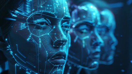 Digital facial analysis of human clones with biometric scanning technology showing identity verification and genetic replication processes - Powered by Adobe