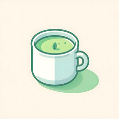 Japan matcha latte set. Flat cartoon illustration of matcha drinks. Matcha latte with foam art, heart, rabbit, flower. Green matcha in various cups.