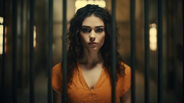 Young woman with dark hair wearing orange prison uniform behind metal bars in correctional facility with dramatic lighting and serious expression