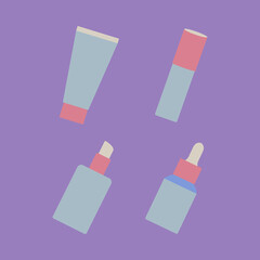 A Simple Flat Lay Arrangement of Four Pastel-Colored Cosmetic Bottles and Tubes, Ideal for Beauty and Skincare Themes on a Soft Purple Background