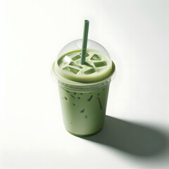 green tea cold matcha  in a glass isolated white background 