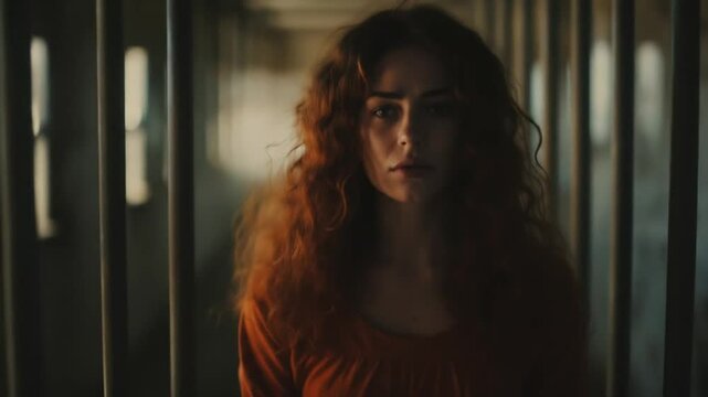Incarcerated woman with curly hair behind prison bars in correctional facility corridor showing confinement and detention